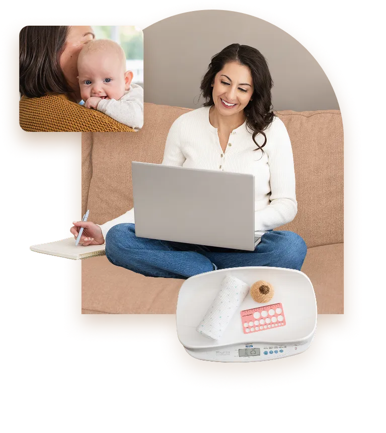 A mother weighing her baby during a virtual lactation consultation with Lakeside Lactation